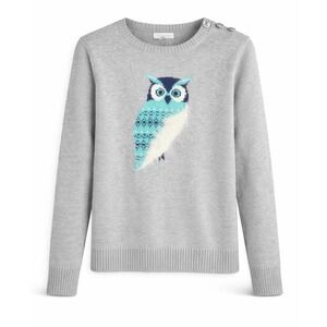 Charter Club Womens Grey Owl Intarsia Sweater Teal Blue Button Shoulder Small